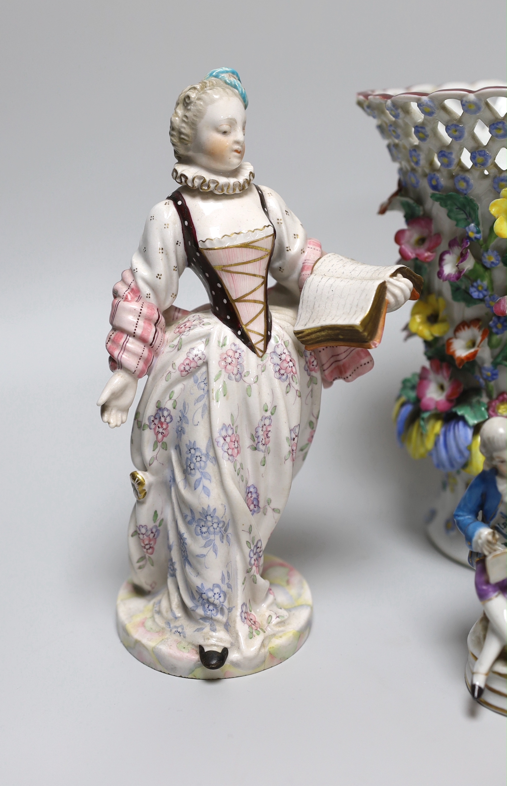 A 19th century German figure of a girl, 19cm, Vienna-type female figure, German figure of a boy and similar figure group, a continental coffee pot and an encrusted vase, the largest 18cm high